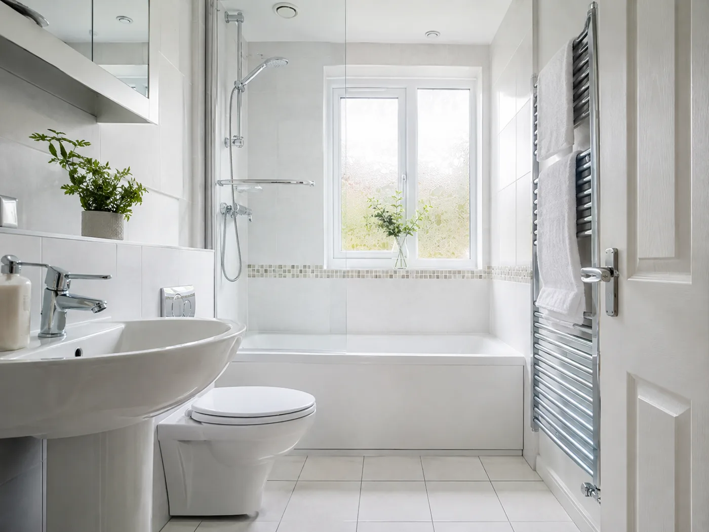 The same bathroom after a deep clean, with limescale removed and the glass clear
