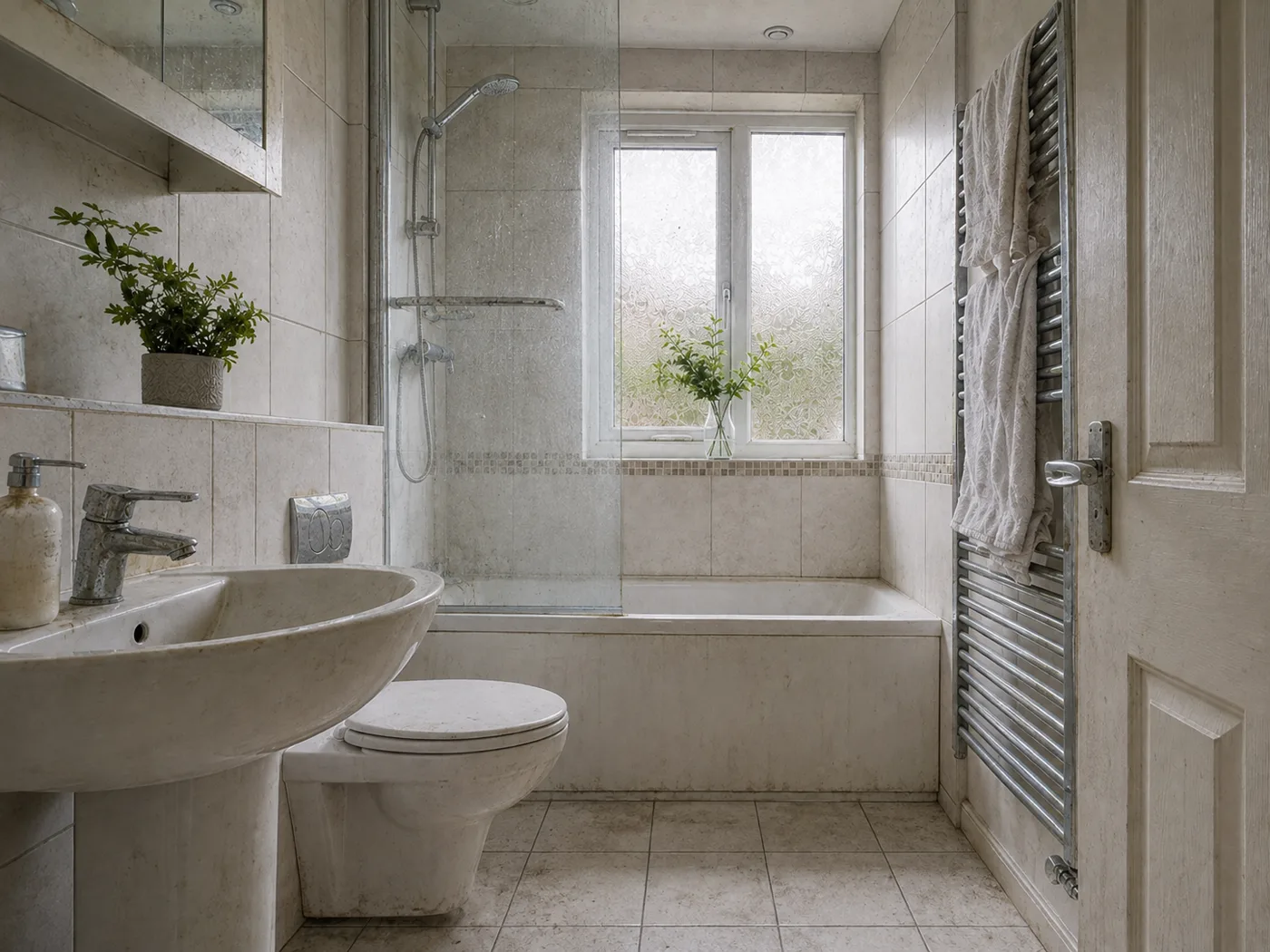 A bathroom before cleaning, with limescale on the tiles and glass