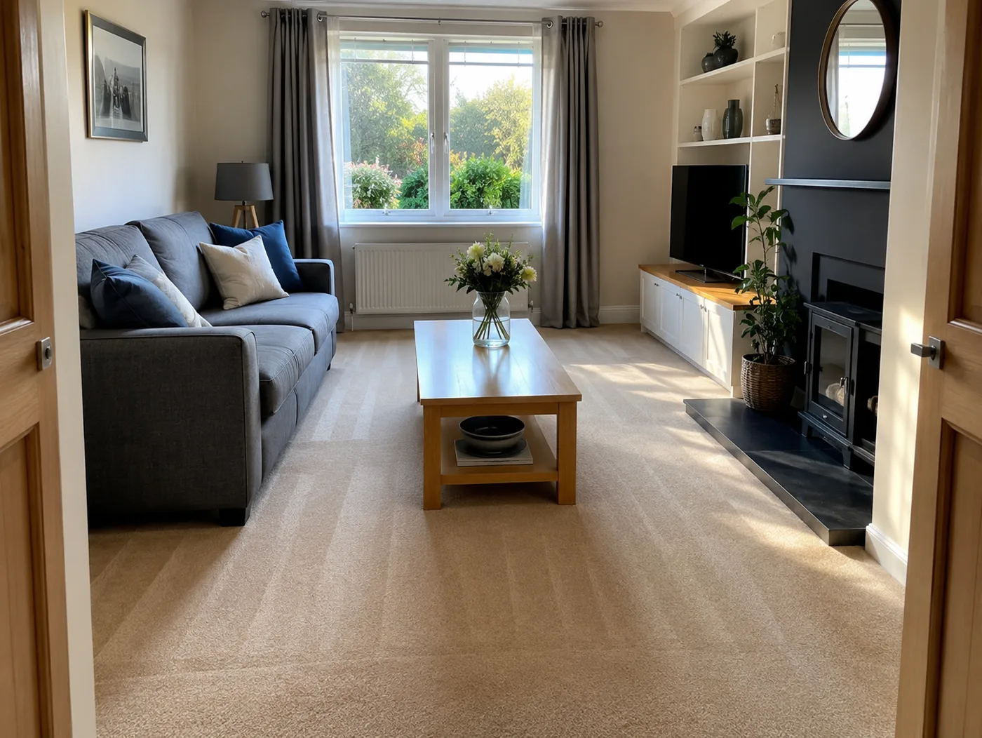 The same living room after cleaning, dusted, vacuumed and tidy