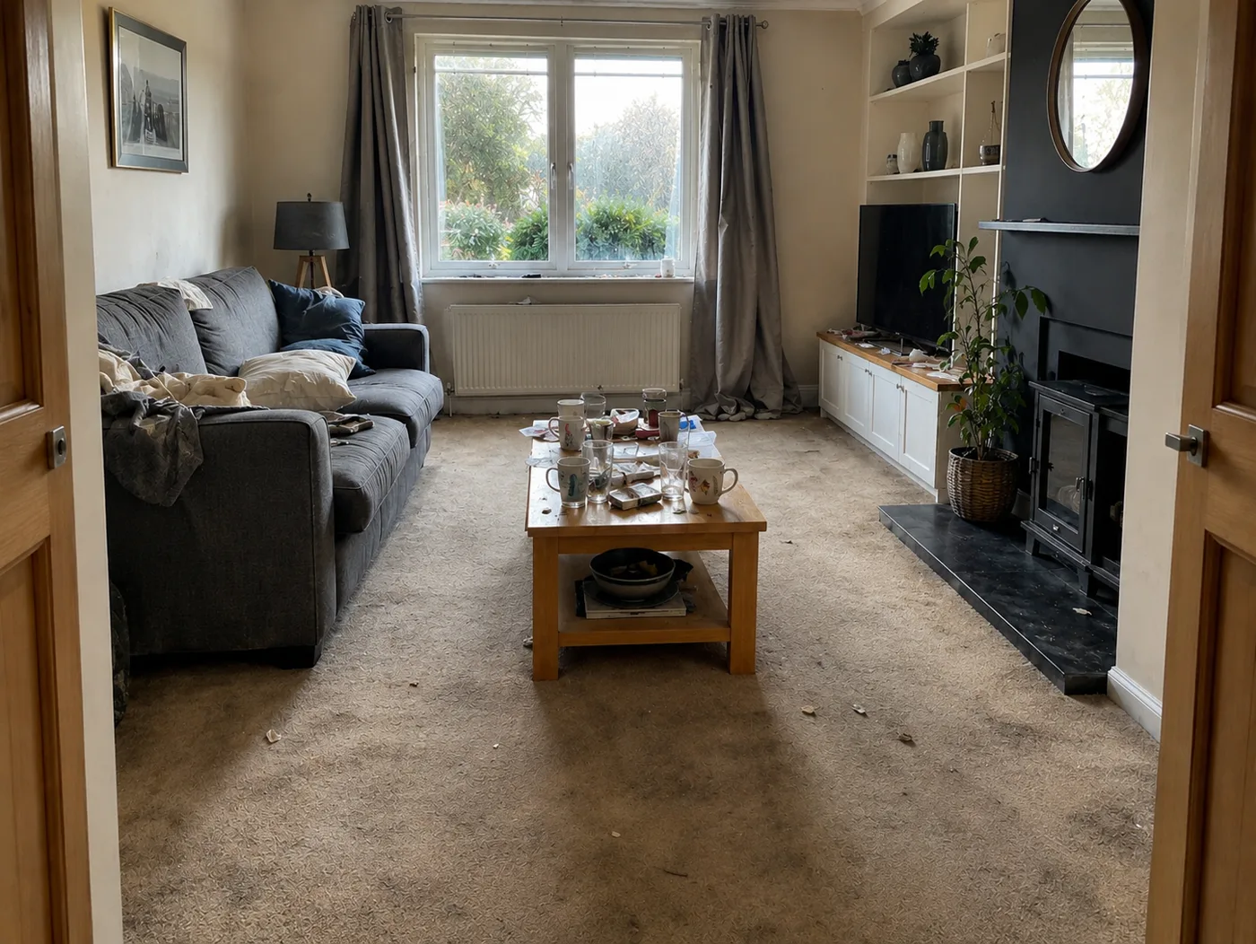 A living room before cleaning, dusty and untidy