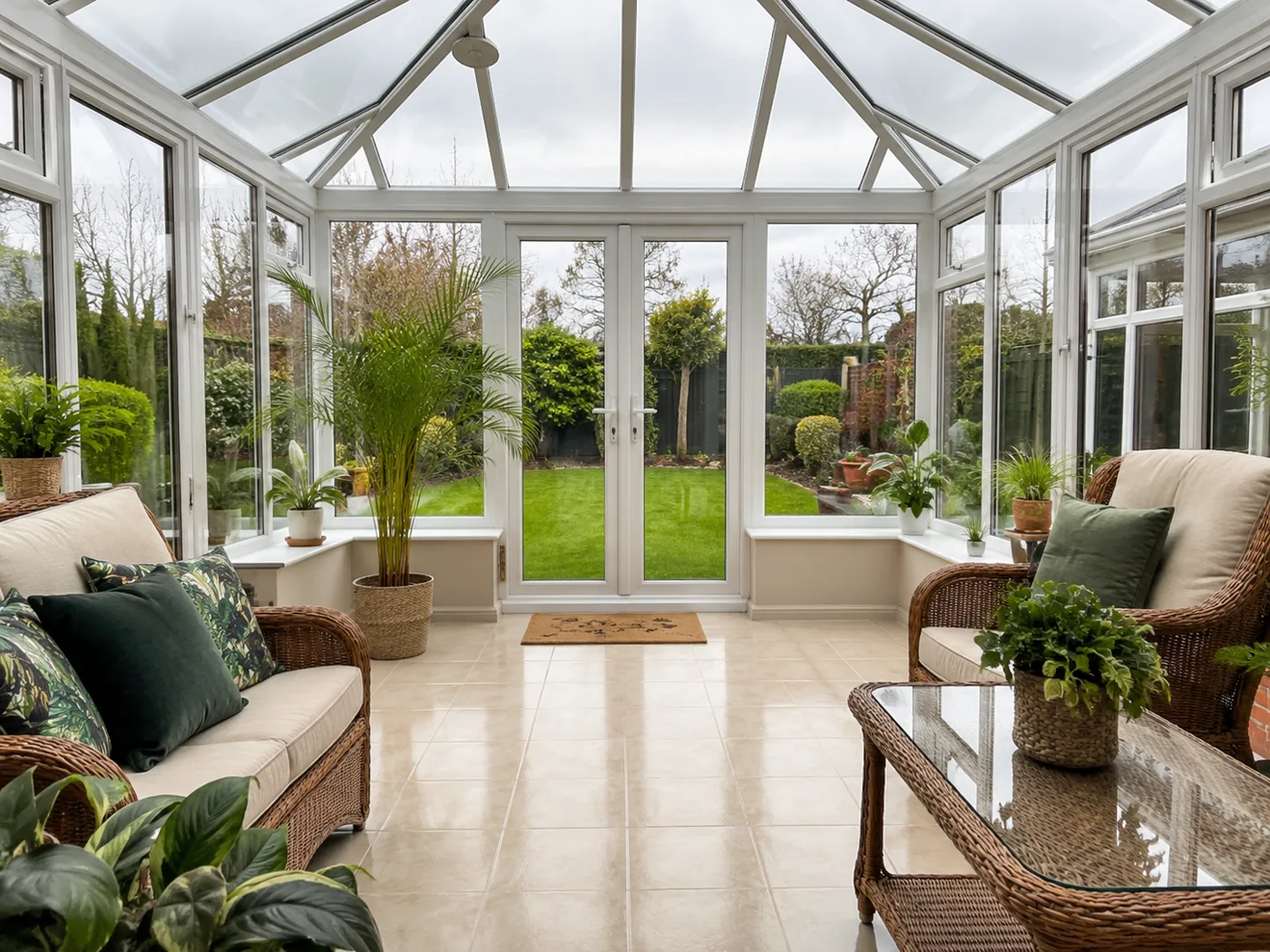 Bright conservatory with clean internal glass, frames and floor
