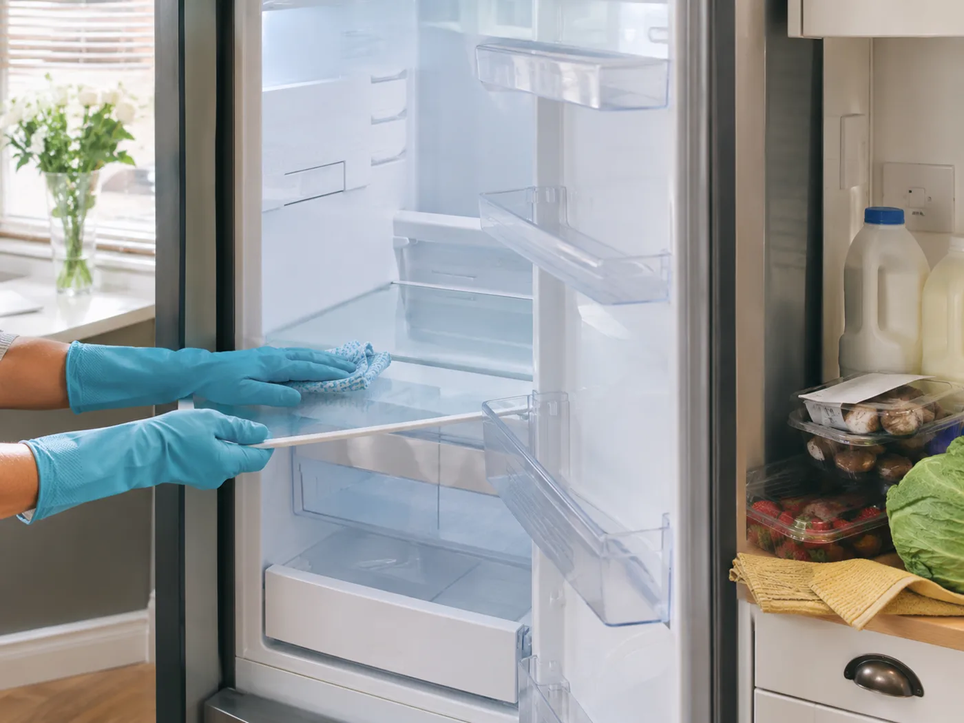 Clean and sanitised fridge interior with empty shelves