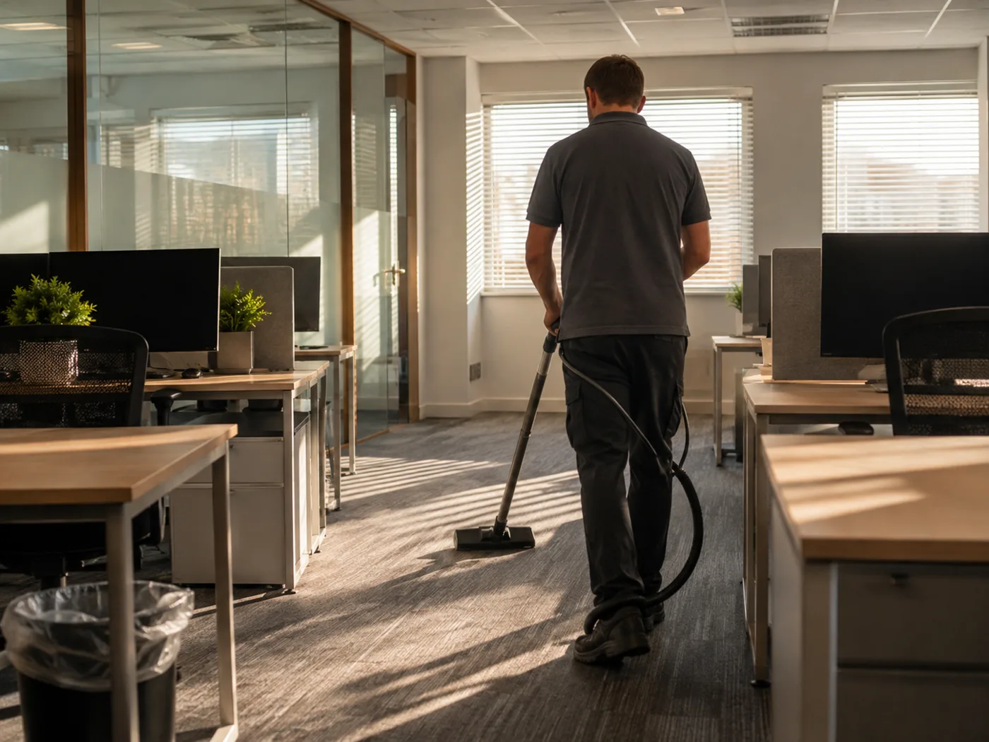 Clean and tidy office workspace with wiped desks and clear floors