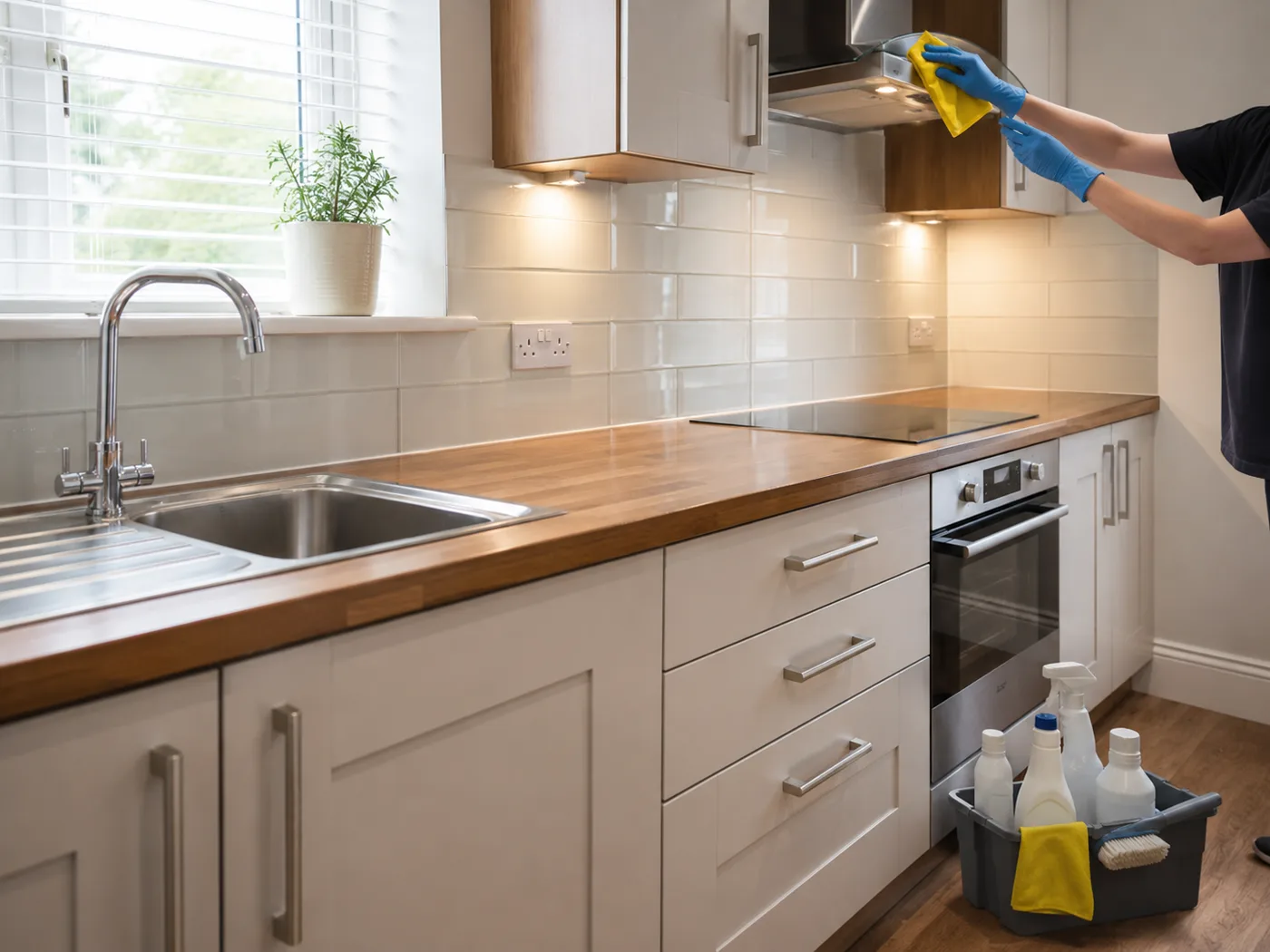 Cleaner carrying out a one off clean in a bright living space