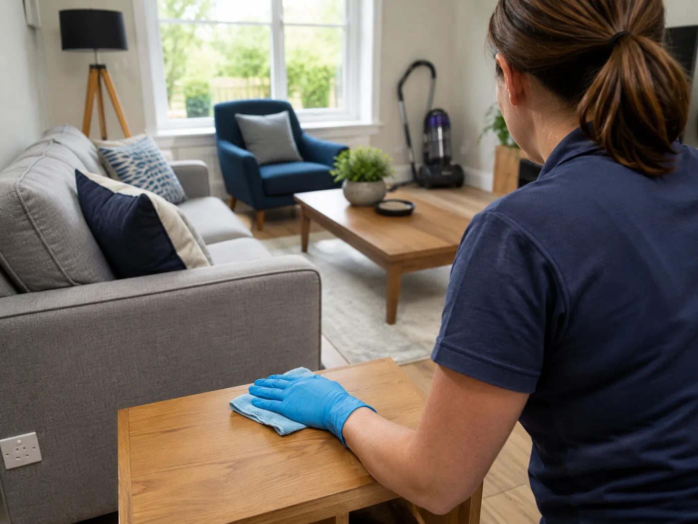 Cleaner wiping down a tidy kitchen worktop during a regular domestic clean